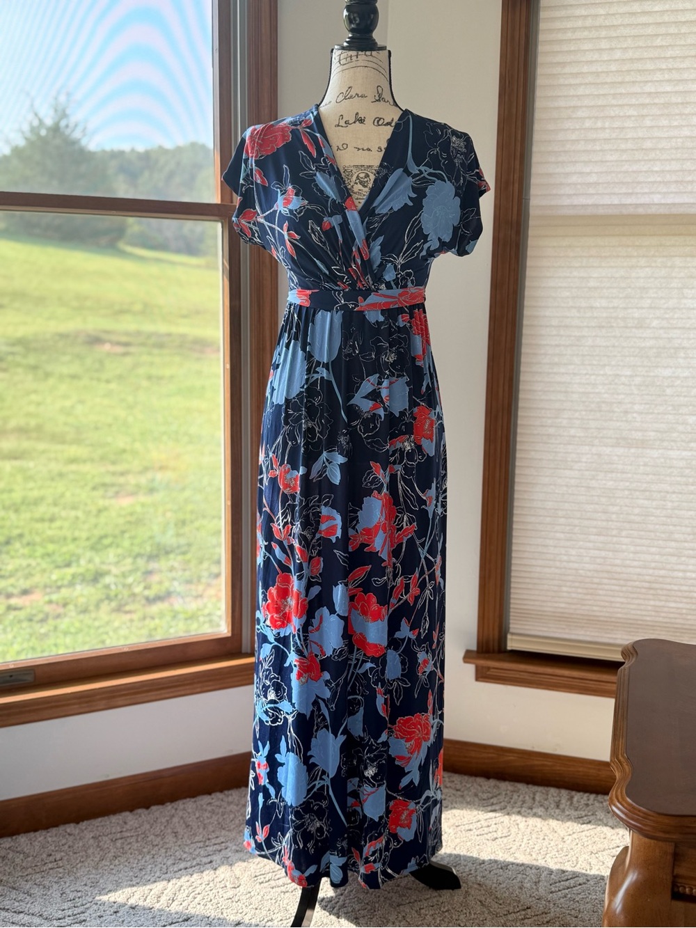Le Lis Navy Maxi Dress with Red & Light Blue Floral Print